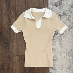 Beige and White Ribbed Polo Collar Top